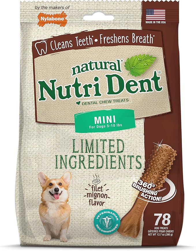 Nutri Dent Dog Dental Treats - Natural Dog Teeth Cleaning & Breath Freshener - Dental Treats for Dogs - Filet Mignon Flavor, Mini (78 Count)