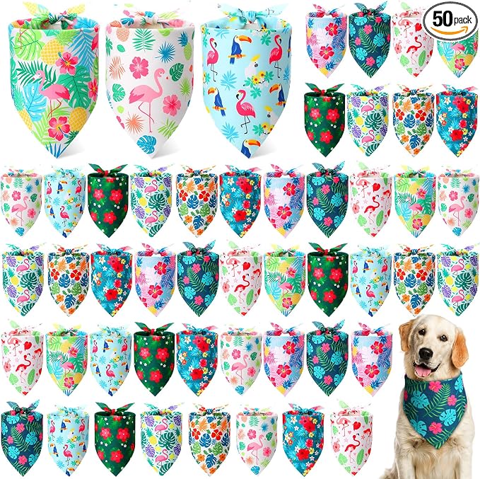50 Pcs Hawaiian Dog Bandanas Bulk for Dogs Soft Bibs Adjustable Triangle pet Bandana for Small Medium Large Costume(Hawaii Pattern, 19.7 x 13.8 x 13.8 Inch)