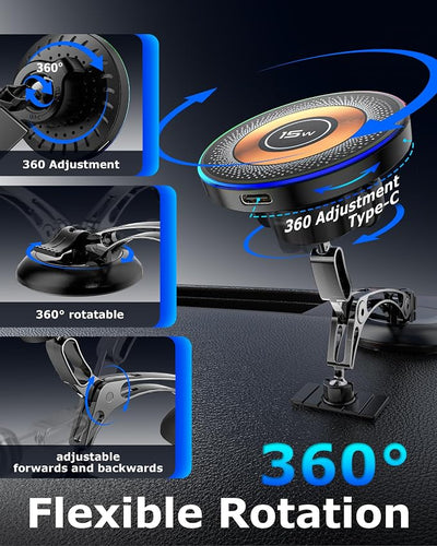 ZBF Magnetic Wireless Charging Car Phone Holder with 15W Fast Charging & Strong Vacuum Suction, 360° Rotatable Dashboard & Windshield Mount for Magsafe iPhone 17/16/15/14/13 Android Galaxy S24/S23/S22