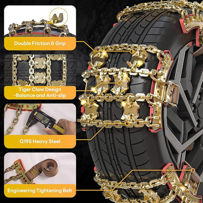Tire Chains, Snow Chains, Anti-slip Tire Chains for Cars SUVs Pickup Trucks Adjustable Emergency Transaction Chains for Ice Snow, Fit Tire Width 225-285mm, Set of 6