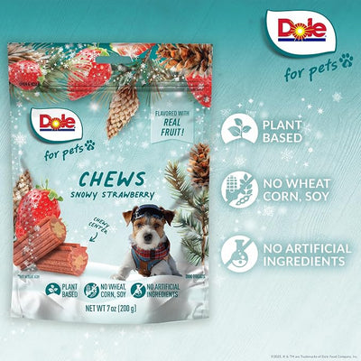 Dole for Pets Snowy Strawberry Dog Chews, Strawberry Flavored Treats with Real Fruit Powders, Vegan Plant-Based, No Wheat Corn Soy or Artificial Colors Flavors Preservatives, 7 Oz Bag