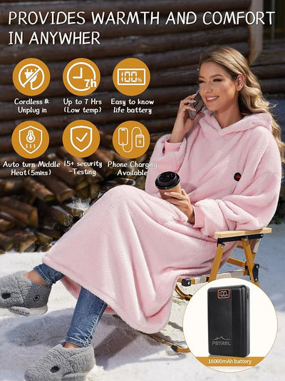 Wearable Heated Blanket Hoodie with 16000 mAh Battery,Cordless Heating Throw,Electric Shawl Robe with Sleeves,Gift for Family