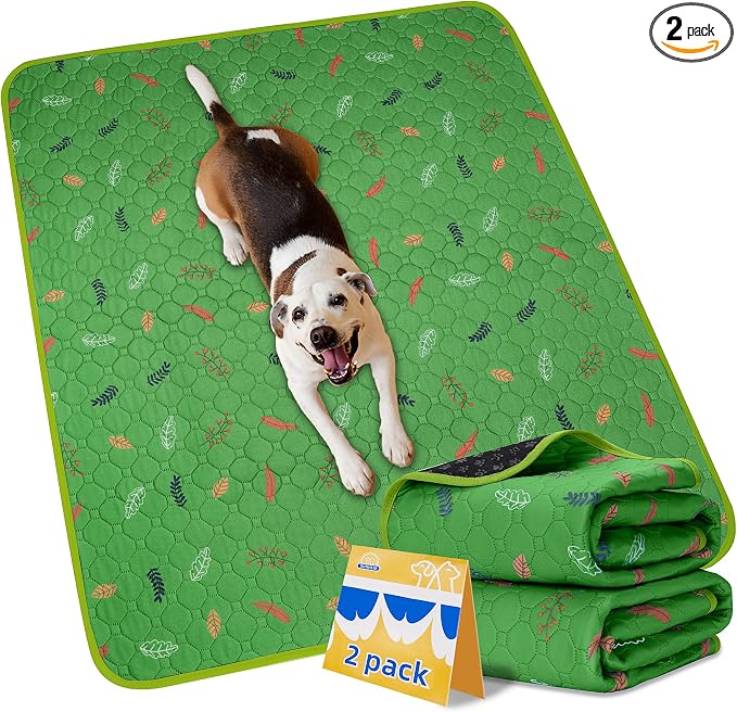 Sunheir Washable Pee Pads for Dogs 2-Pack Reusable Puppy Pads Pet Training Pads, Waterproof Dog Pee Pads for Crate, Whelping Pad, Non-Slip Protects Against Urine Leakage (Leaves - Green, 24x36)