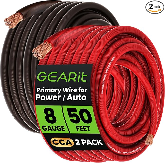 8 Gauge Wire (50ft Each- Black/Red Translucent) Copper Clad Aluminum CCA - Primary Automotive Wire Power/Ground, Battery Cable, Car Audio Speaker, RV Trailer, Amp, Electrical 8ga AWG 50 Feet