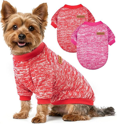 2 Pack Dog Sweaters for Small Dogs Girl Boy Winter Fleece Clothes Warm Soft Dog Sweatshirt Outfit for Dogs Cats Pet Apparel (Red+Rose Red, M (Back: 13.7",Chest: 17.7", 10-14Ibs))