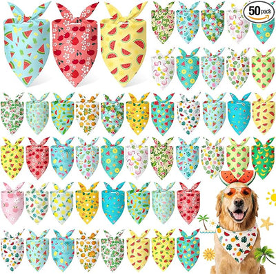 Abbylike 50 Pieces Summer Themed Dog Bandanas Bulk Hawaiian Dog Bandanas for Pets Triangle Kerchief Scarf Bibs Set for Summer Pets Dogs Party Costume Accessories, 25 Styles (25.6 x 17.7 x 17.7)