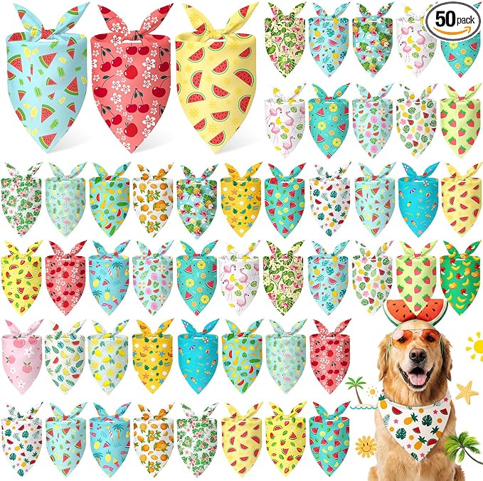 50 Pieces Summer Themed Dog Bandanas Bulk Hawaiian Dog Bandanas for Pets Triangle Kerchief Scarf Bibs Set for Summer Pets Dogs Party Costume Accessories, 25 Styles (25.6 x 17.7 x 17.7)