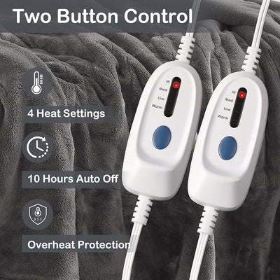Eydna Electric Heated Blanket Queen Size 84"x90", Soft Plush Microplush for Bed, Dual Controllers & Heating Zones, 10 Hs Auto Off & 4 Heating Levels, Machine Washable, Gifts for Womens-Light Gray
