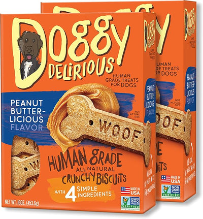 Wet Noses Doggy Delirious All Natural Dog Treats, Made in USA, 100% USDA Certified Organic, Non-GMO Project Verified, 14 Oz Box, Peanut-Butter Flavor, 2-Pack