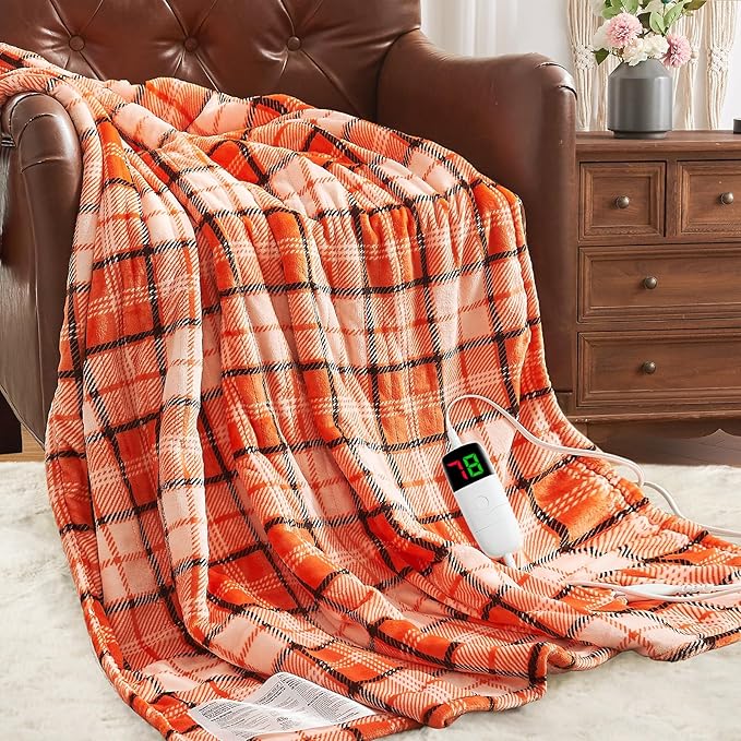 Orange Heated Throw Blanket Electric, 50X60 Heating Throw with 10 Heats Levels&8 Hours Auto Off&Timer for Lap, Plaid Soft Sherpa Orange Blanket Warmer Gift for Women Adults
