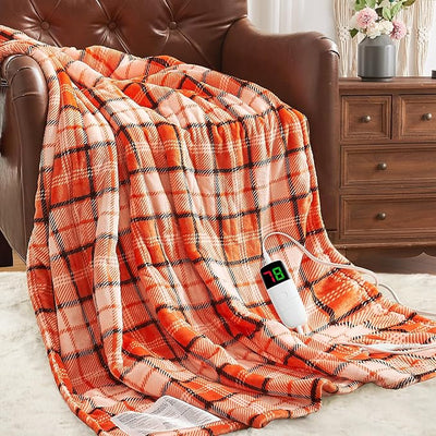 Orange Heated Throw Blanket Electric, 50X60 Heating Throw with 10 Heats Levels&8 Hours Auto Off&Timer for Lap, Plaid Soft Sherpa Orange Blanket Warmer Gift for Women Adults