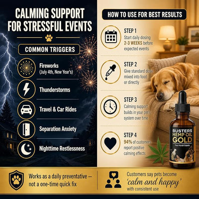 Buster's Gold Organic Hemp Oil for Dogs and Cats, 2 Large 60ml Bottles 4 Month Supply, Made in USA - Miracle Formula, Perfectly Balanced Omega 3, 6, 9 - Joint Relief, Calming (2-Pack)
