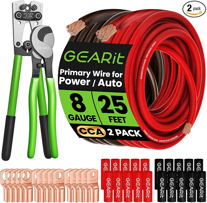 8 Gauge Wire Kit, 8 AWG Amp Wiring Kit CCA Battery Cable 25 ft Black/Red, with Crimper, Cutter, Lugs & Heat Shrink