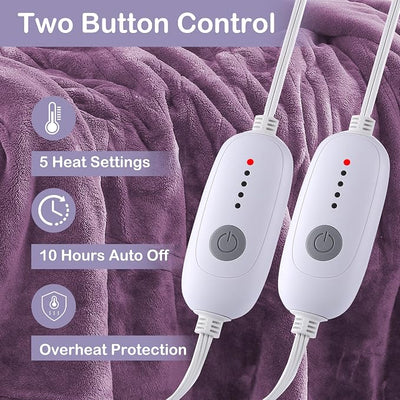 Eydna Electric Heated Blanket Queen Size 84"x90", Soft Plush Microplush for Bed, Dual Controllers & Heating Zones, 10Hs Auto Off & 5 Heating Levels, Machine Washable, Gifts for Womens-Light Purple