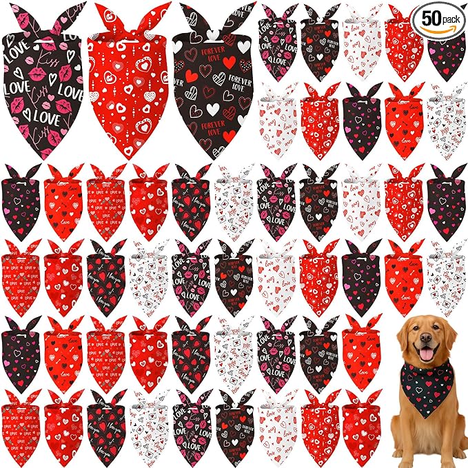 50 Pcs Valentine's Day Dog Bandanas Bulk for Dogs Soft Bibs Adjustable Triangle Heart Lips Bandana for Small Medium Large Pet Costume(Valentine, 31.5 x 21.7 X21.7 Inch)