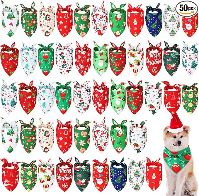 50 Pcs Christmas Dog Bandanas Bulk Xmas Bandanas for Dogs Triangle Kerchief Bibs Scarf Set for Pet Xmas Costume Photo Props Accessories Pet Shops Grooming, 25 Styles (31.5 x 21.7 x 21.7)