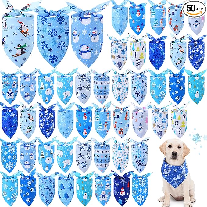 50 Pcs Winter Dog Bandanas Bulk Blue Snowflake Dog Bandanas for Pets Triangle Kerchief Scarf Bibs for Winter Pets Cats Party Costume Photo Props Accessories Pet Shops (31.5 x 21.7 x 21.7)