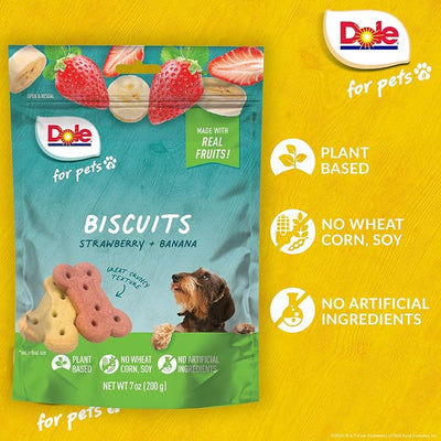 Dole for Pets Dog Biscuits Assorted Banana + Strawberry Mix, Real Fruit Flavor Vegan Crunchy Treats, No Wheat Corn Soy or Artificial Additives, Bite Size Training Snacks for Dogs, 7 Oz