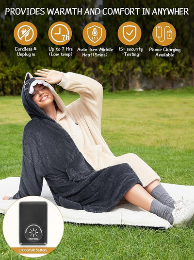 Wearable Heated Blanket Hoodie with 16000 mAh Battery,Cordless Heating Throw,Electric Shawl Robe with Sleeves,Gift for Family