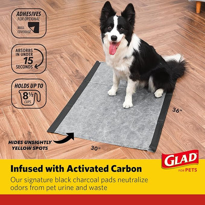 Glad for Pets Day to Night Activated Carbon Puppy Training Pads Odor Control Disposable Dog Pads Adhesive Wall Protection Leak Proof Super Absorbent 30 x 36 Inch 24 Count 2 Pack Indoor Training