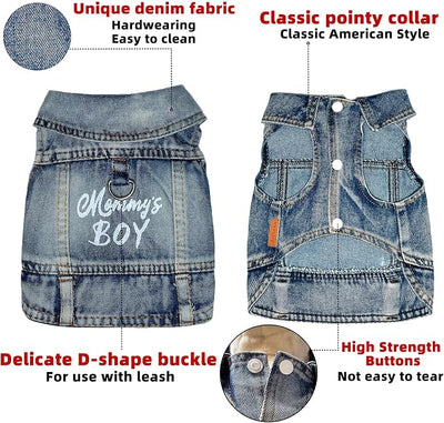 Dog Jeans Jacket Mommy's Boy Denim,Breathable Cotton Blue Pet Coat for Puppy Small Dogs Classic Overalls Male Cat Costumes Apparel Washed Vest Clothes Outfit T-Shirts（Medium）