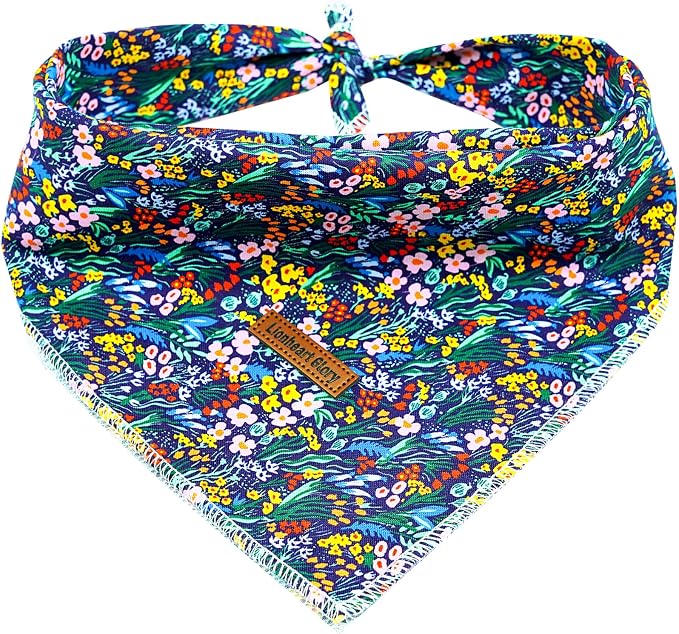 Lionheart Glory Darkblue Flower Bandana - Washable Soft Dog Scarf, Square Adjustable for Medium Large Dogs