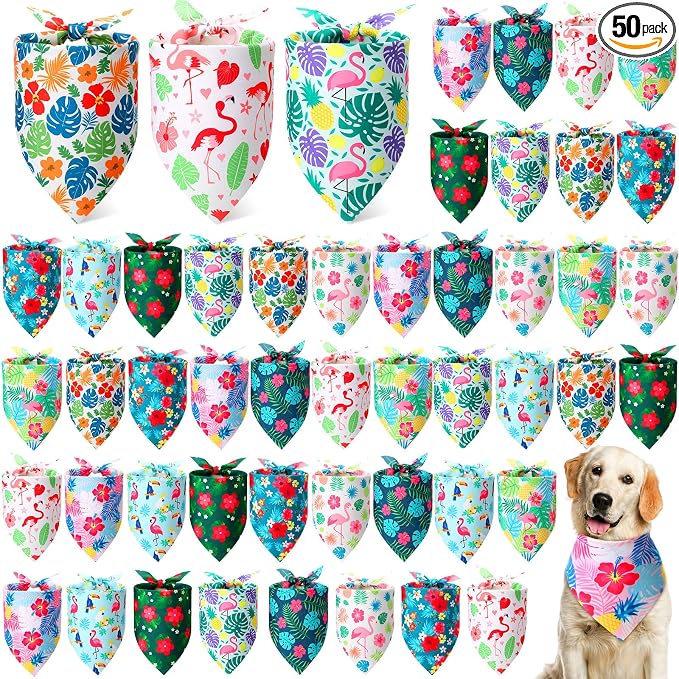 50 Pcs Hawaiian Dog Bandanas Bulk for Dogs Soft Bibs Adjustable Triangle Pet Bandana for Small Medium Large Costume(Hawaii Pattern, 31.5 x 21.7 X21.7 Inch)