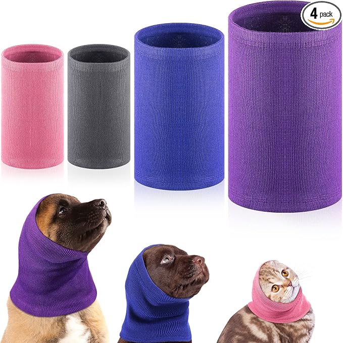 4 Pcs Dog Snoods Pet Ear Wrap Cover Sound Proof Muffs for Barking and Bathing Warm Winter Scarf for Calming(Gray, Pink, Blue, Purple,S,M,L)