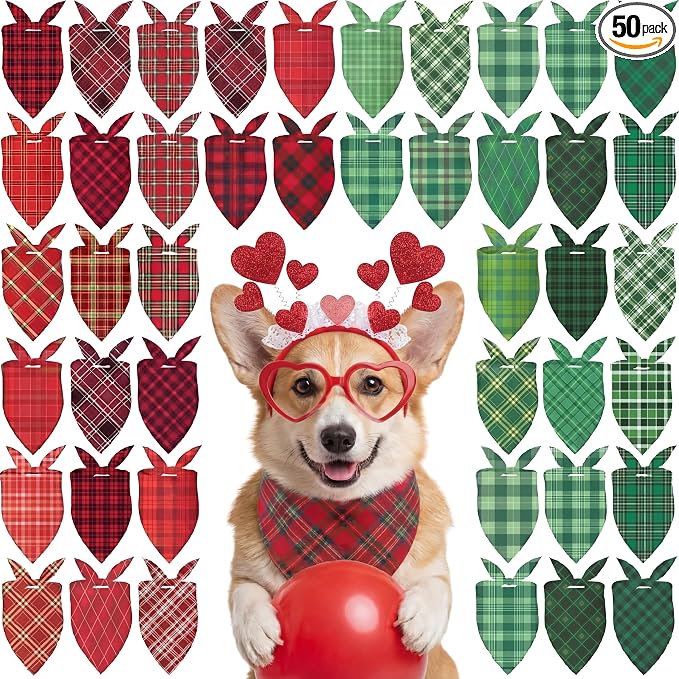 50 Pcs St. Patrick's Day Dog Bandanas Bulk Green Plaid Bandanas for Dogs Triangle Kerchief Bib Scarf for Pet Irish Holiday Costume Photo Props Accessories (25.6 x 17.7 x 17.7)