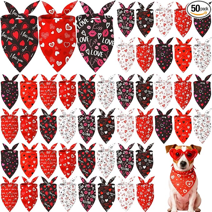 Weewooday 50 Pcs Valentine's Day Dog Bandanas Bulk for Dogs Soft Bibs Adjustable Triangle Heart Lips Bandana for Small Medium Large Pet Costume(Valentine, 19.7 x 13.8 x 13.8 Inch)