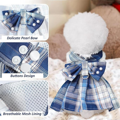 Dog Dress Bowknot Harness Leash Set for Small Dogs Girl Cute Plaid Dog Dress Pearls Bow Tie Spring Summer Princess Clothes Birthday Holiday Doggie Outfits for Puppy Cats Girl Apparel (Black, X-Large)