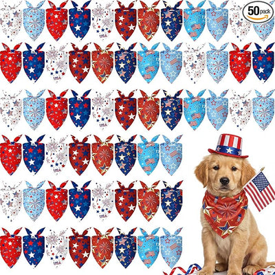 Weewooday 50 Pcs 4th of July Dog Bandanas Bulk for 1776 Patriotic 250th Anniversary Star Red White and Blue Independence Day Flag Scarf for Small Medium Large Outfit(Star, 19.7 x 13.8 x 13.8 Inch)