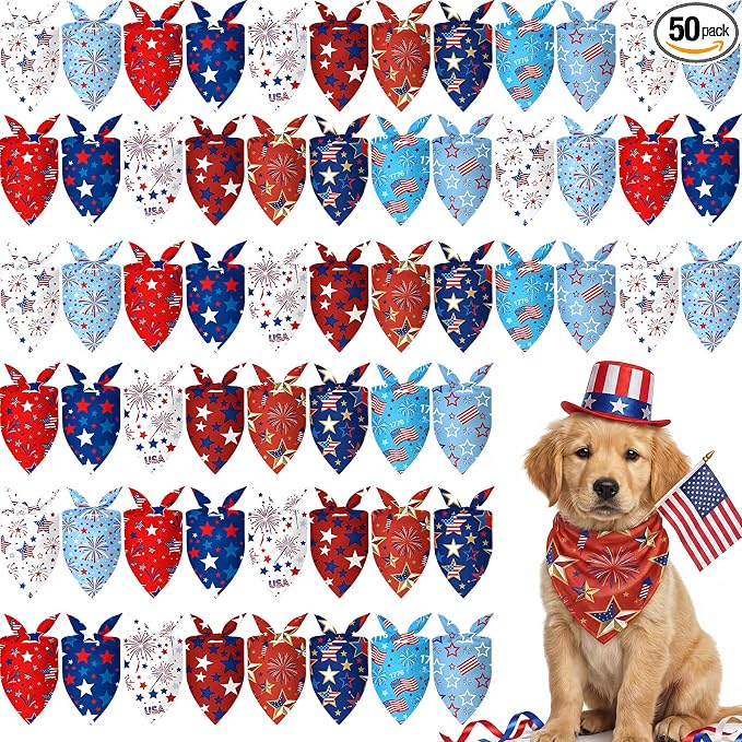 50 Pcs 4th of July Dog Bandanas Bulk for 1776 Patriotic 250th Anniversary Star Red White and Blue Independence Day Flag Scarf for Small Medium Large Outfit(Star, 19.7 x 13.8 x 13.8 Inch)