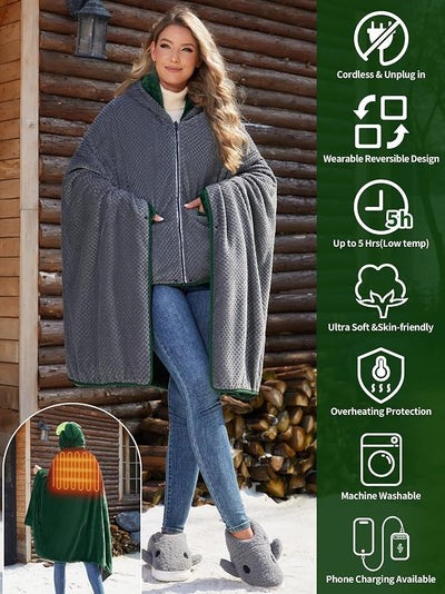 Double-Sided 12V Wearable Heated Blanket,15000mAh Heated Blanket Battery Operated,Cordless Electric Heating Poncho Blanket,Portable Heated Throw Blanket Hoodie 3 Heat set for Car,Outdoor,Camping,Party