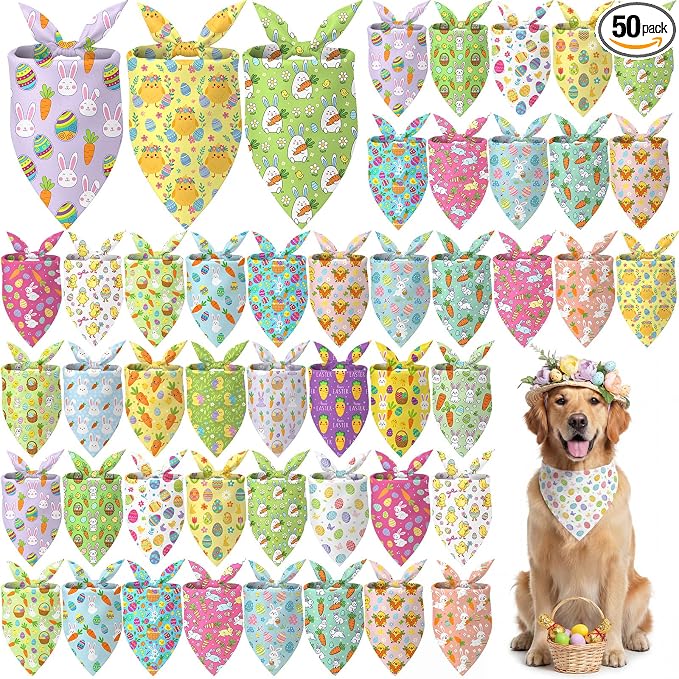 50 Pcs Easter Dog Bandanas Bulk Bunny Egg Carrot Bandanas for Dogs Triangle Kerchief Bibs Scarf Set for Pet Easter Costume Photo Props Accessories Pet Shops, 25 Styles (31.5 x 21.7 x 21.7)