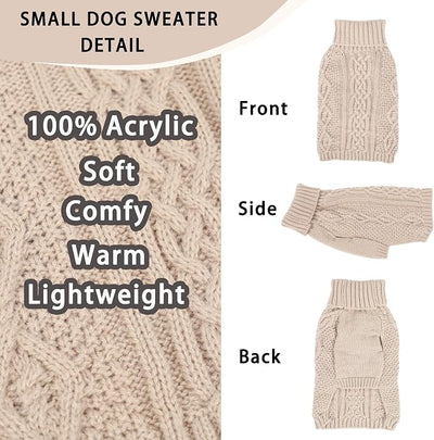 Knitted Dog Sweaters for Small Dogs Warm Small Dog Clothes Winter Sleeveless Puppy Sweater Turtleneck Dachshund Clothes with Twisted Design Doggy Pullover Knitwear Pet Cat Outfit (Beige, Medium)