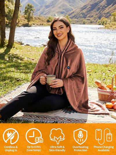 Electric Heated Blanket Battery Operated, Portable Heated Shawl for Neck and Shoulders and Back, Heating Blanket with Zipper, 20000mAh, 3 Heating Levels, up to 8 Hours