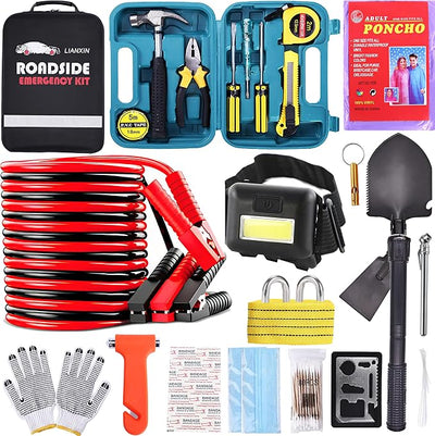 Emergency Roadside Kit for Car, Safety Kits for Cars With Jumper Cables | Premium Roadside Assistance Kit for Cars Headlamp Folding Shovel Safety Hammers Tow Rope Gifts for New Drivers Car Tool Kit