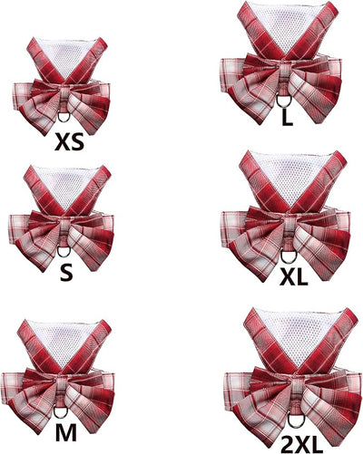 Plaid Dog Dress Bow Tie Harness Leash Set,Dog Clothes Harness Dress with Leash Ring for Small Dogs Girl, Puppy Princess Rabbit Clothes Chihuahua Yorkies Pet Outfits (Red, Medium)