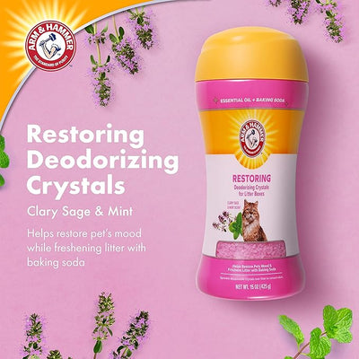 Arm & Hammer Restoring Cat Litter Box Deodorizing Crystals Litter Deodorizer Additive Absorbs Odors Restores Freshness Between Changes Clary Sage and Mint Scent 15 OZ Single and Multi-Cat Households