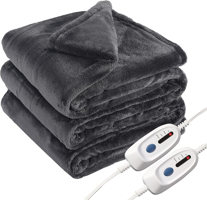 Eydna Electric Heated Blanket Queen Size 84"x90", Soft Plush Microplush for Bed, Dual Controllers & Heating Zones, 10Hs Auto Off & 4 Heating Levels, Machine Washable, Gifts for Womens-Dark Gray