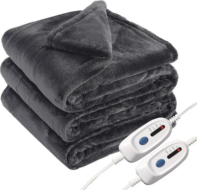 Eydna Electric Heated Blanket Queen Size 84"x90", Soft Plush Microplush for Bed, Dual Controllers & Heating Zones, 10Hs Auto Off & 4 Heating Levels, Machine Washable, Gifts for Womens-Dark Gray