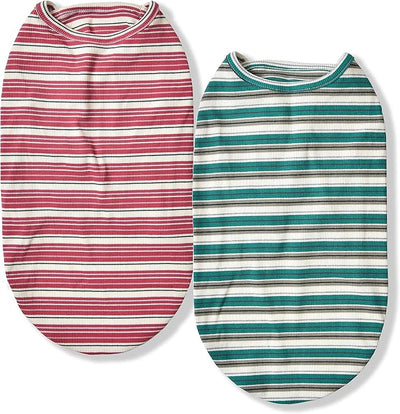 Dog Shirts Vest Cotton Striped T-Shirt, Sleeveless Stretchy Pet Clothes for Small Dogs, 2-Pack Soft Breathable Puppy Tank Top Cat Tee (XX-Large, Pine Green,Plum Red)