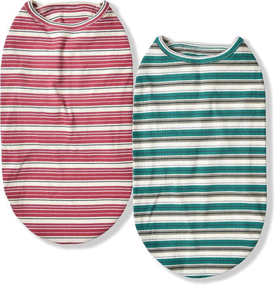 Dog Shirts Vest Cotton Striped T-Shirt, Sleeveless Stretchy Pet Clothes for Small Dogs, 2-Pack Soft Breathable Puppy Tank Top Cat Tee (Large, Pine Green,Plum Red)