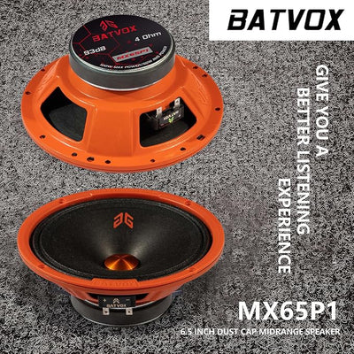 MX65P1 Midrange Loudspeaker 6.5" Orange Dust Cap, 200W Max, 4 Ohms, Premium Quality Audio Door Speakers for Car or Truck Stereo Sound System, Orange (2 Speaker)