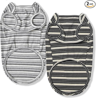 Dog Shirts Vest Cotton Striped T-Shirt, Sleeveless Stretchy Pet Clothes for Small Dogs, 2-Pack Soft Breathable Puppy Tank Top Cat Tee (Medium, Black,Gray)