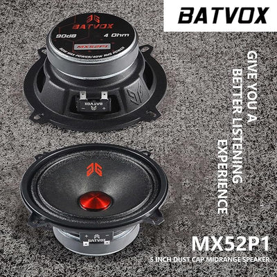 MX52P1 Midrange Loudspeaker 5" Red Dust Cap, 160W Max, 4 Ohms, Premium Quality Audio Door Speakers for Car or Truck Stereo Sound System, Black (2 Speaker)