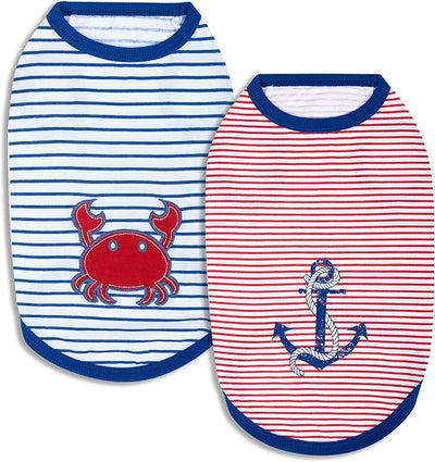 Blueberry Pet Soft & Comfy Summer Vacation Beach Cotton Dog T-Shirts, 2 Pack, Sunshine Sea Lover Striped Shirts Tank Top Clothes, Back Length 16", for Medium Large Dogs
