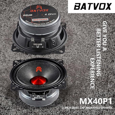 MX40P1 Midrange Loudspeaker 4" Red Dust Cap, 120W Max, 4 Ohms, Premium Quality Audio Door Speakers for Car or Truck Stereo Sound System, Black (2 Speaker)