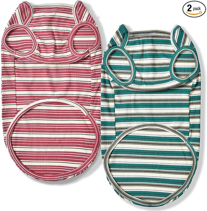 Dog Shirts Vest Cotton Striped T-Shirt, Sleeveless Stretchy Pet Clothes for Small Dogs, 2-Pack Soft Breathable Puppy Tank Top Cat Tee (Medium, Pine Green,Plum Red)